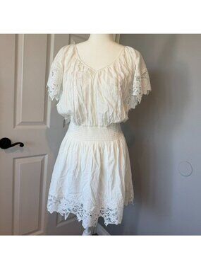 Ramy Brook Lace Smocked Linen Blend White Mini Dress Size Large